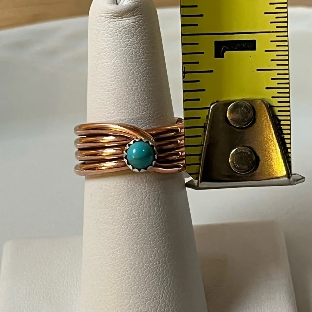 Navajo Handmade By Yolanda Skeets Coiled Copper and Turquoise Ring Size 6